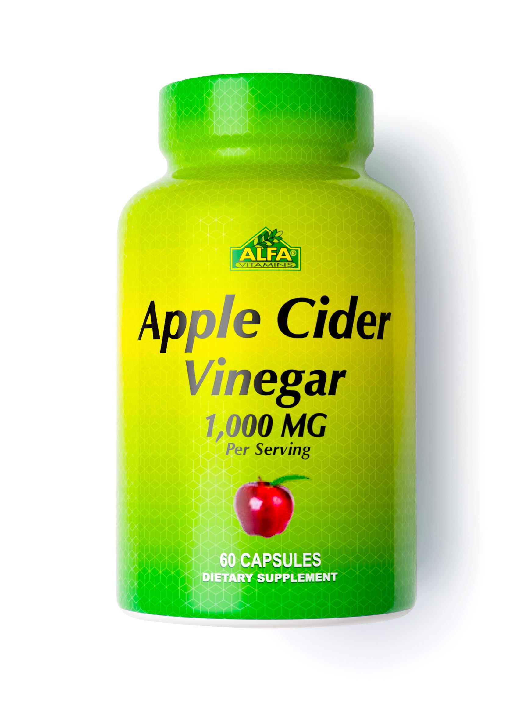 Alfa Vitamins Apple Cider Vinegar 1000 mg dietary supplement comes in a green bottle with a red apple image and contains 60 capsules. Its designed for weight management and maintaining blood glucose levels.