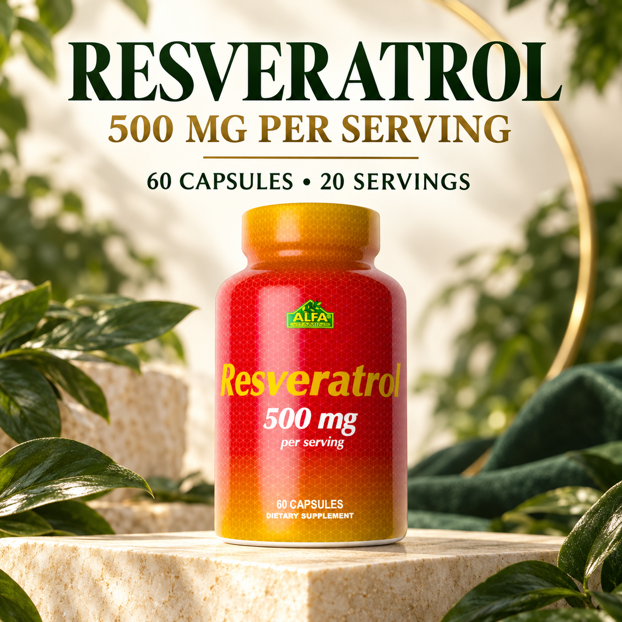 Alfa Vitamins Resveratrol 500 mg per serving, 60 capsules and 20 servings.