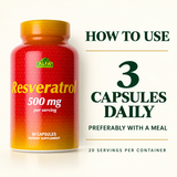 Directions for adults: take three Resveratrol capsules daily, preferably with a meal.
