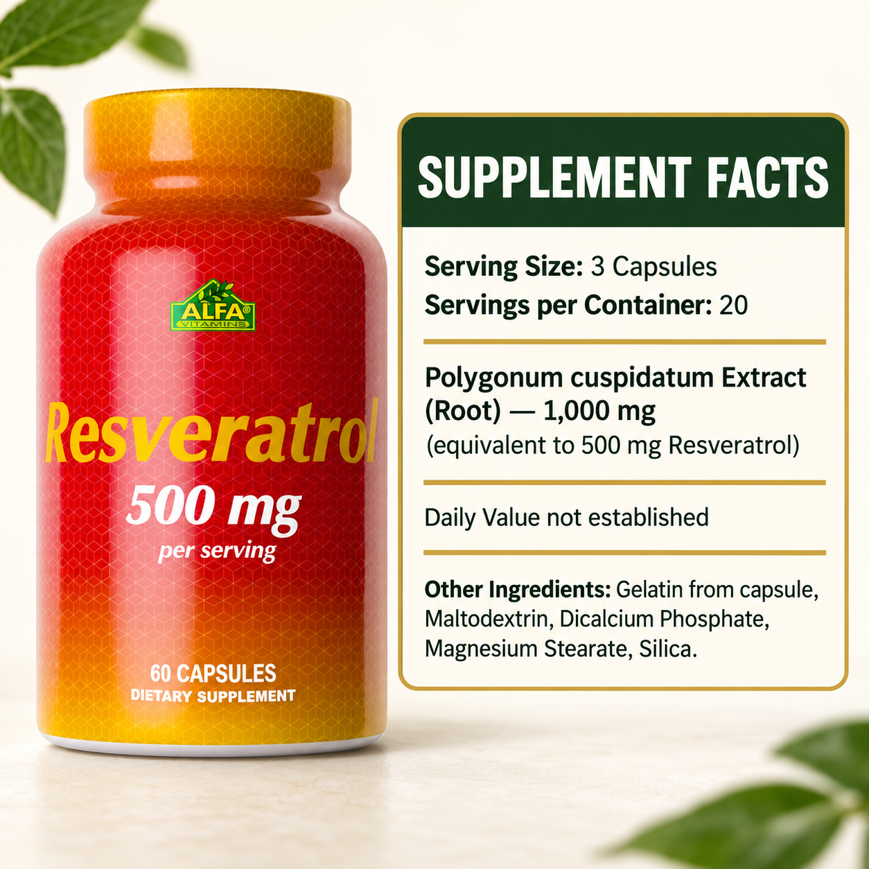 Resveratrol Supplement Facts: serving size three capsules, 20 servings per container.