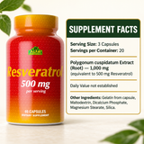 Resveratrol Supplement Facts: serving size three capsules, 20 servings per container.
