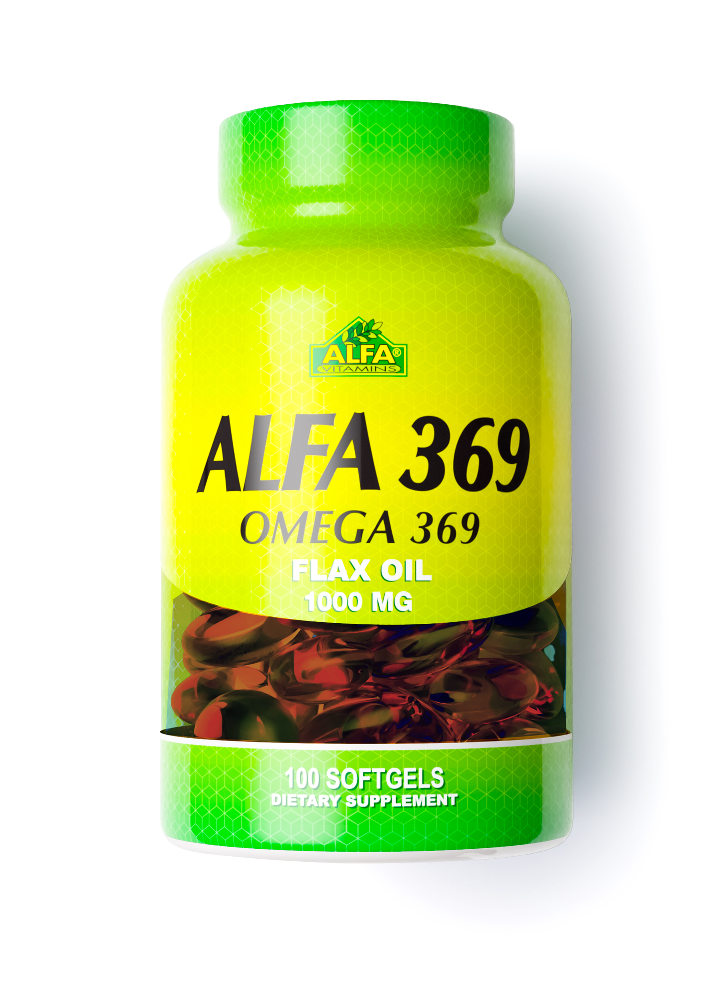 A vibrant green and yellow bottle of Alfa Vitamins Stores Alfa 369 features Organic Flax Oil 1000 mg and contains 100 softgels.