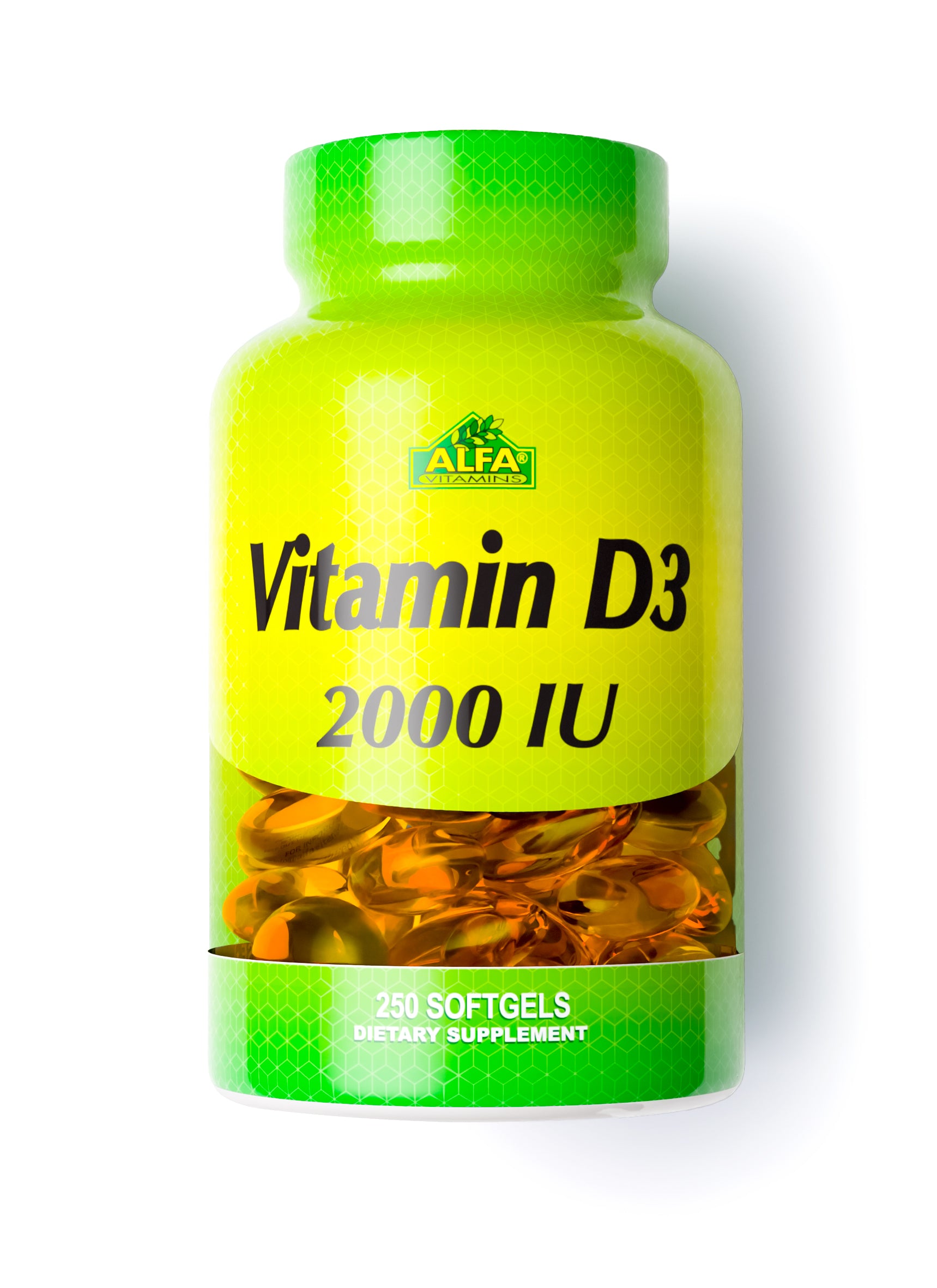 The green Alfa Vitamins Vitamin D3 2000 IU bottle contains 250 softgels, enhanced for skin health. It boasts a gradient design from light to dark green and showcases an image of softgels at the bottom for added elegance.