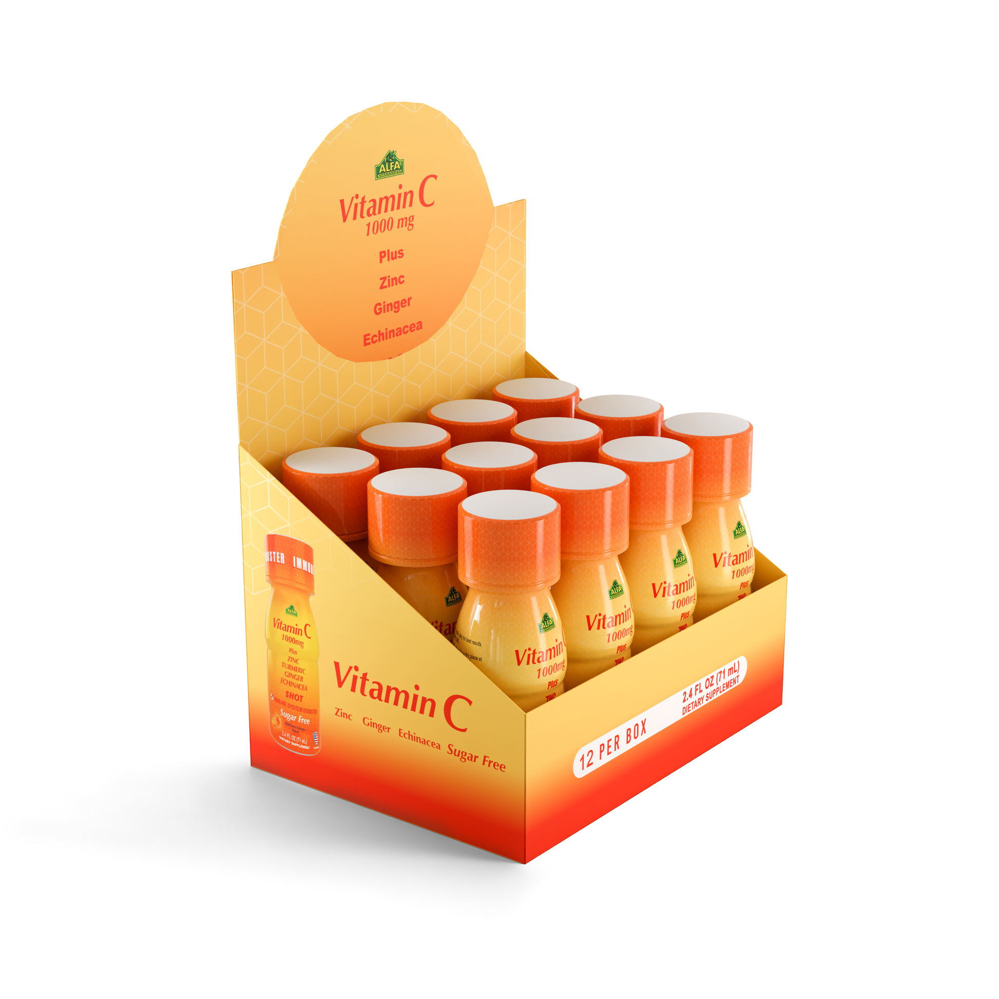 Alfa Vitamins Vitamin C 1000mg Immunity Shot — 12 Box features small bottles with Zinc, Ginger, and Echinacea in bright orange-yellow, sugar-free packaging. "Immunity Shot" and "12 per box" are clearly shown on the front.