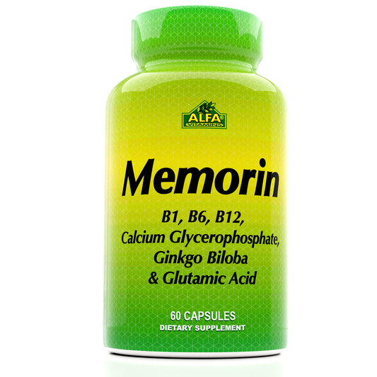 Alfa Vitamins Memorin promotes cognitive support with B1, B6, B12, Calcium Glycerophosphate, Ginkgo Biloba, and Glutamic Acid. This green and yellow bottle contains 60 capsules designed for brain health.