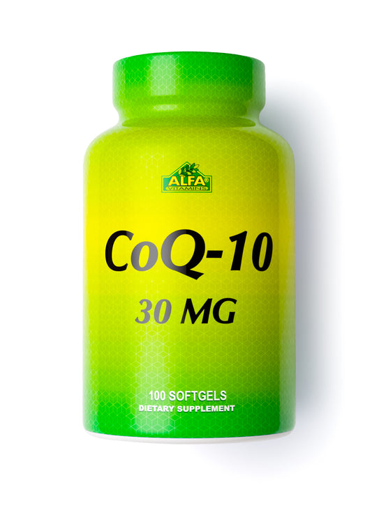 A green and yellow bottle labeled Alfa Vitamins Store CoQ-10, 100 softgels, supports cellular energy and antioxidant function. Displayed on a white background.