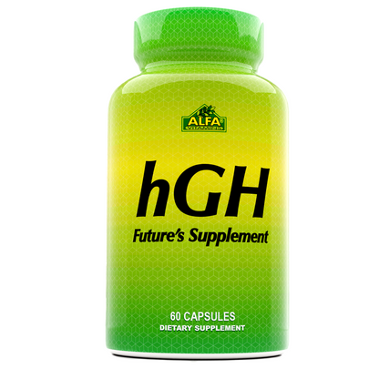 A green and yellow bottle labeled HGH by Alfa Vitamins contains 60 capsules designed to support muscle recovery with essential amino acids.