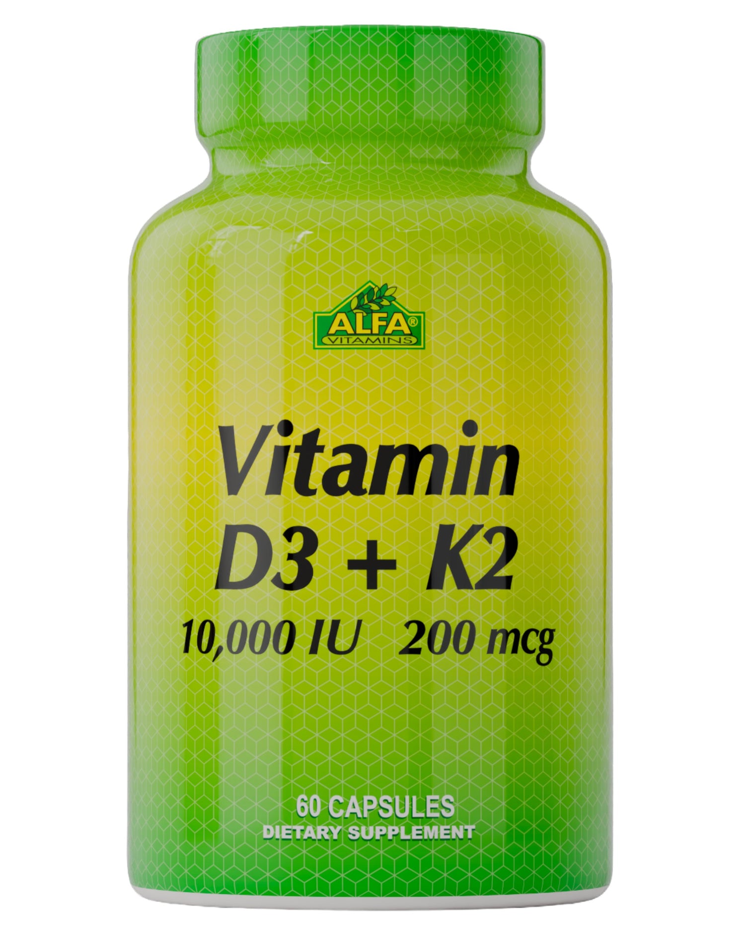 A green and yellow bottle from Alfa Vitamins Store, labeled Vitamin D3 + K2 10,000 IU & 200 mcg – 60 Capsules, supports calcium absorption and bone health as a dietary supplement.