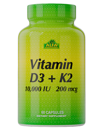 A green and yellow bottle from Alfa Vitamins Store, labeled Vitamin D3 + K2 10,000 IU & 200 mcg – 60 Capsules, supports calcium absorption and bone health as a dietary supplement.