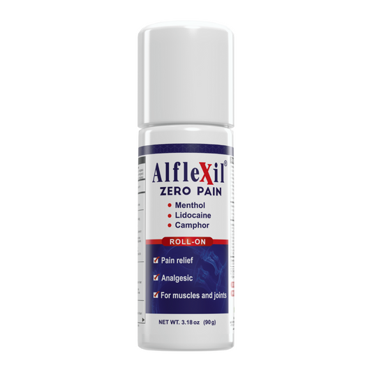 A 3.18 oz ALFLEXIL Pain Relief Roll-On by Alfa Vitamins, featuring menthol, lidocaine, and camphor, for muscle and joint pain relief.