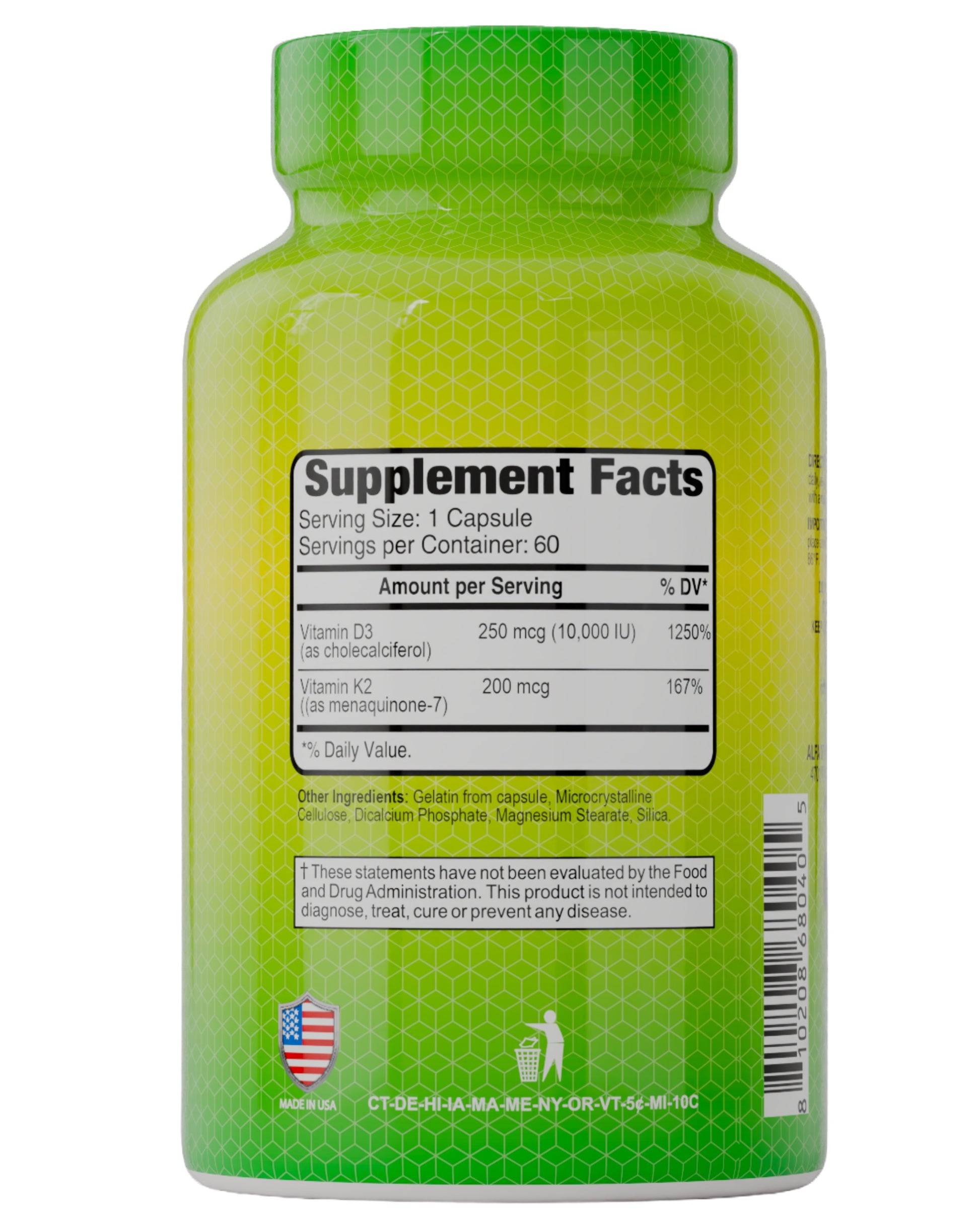 A green and yellow Alfa Vitamins Store bottle holds 60 Vitamin D3 + K2 10,000 IU & 200 mcg capsules. Its white label with black text details facts, ingredients, and disclaimers, and a U.S. flag is shown at the bottom left.