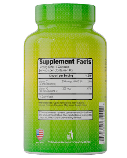 A green and yellow Alfa Vitamins Store bottle holds 60 Vitamin D3 + K2 10,000 IU & 200 mcg capsules. Its white label with black text details facts, ingredients, and disclaimers, and a U.S. flag is shown at the bottom left.