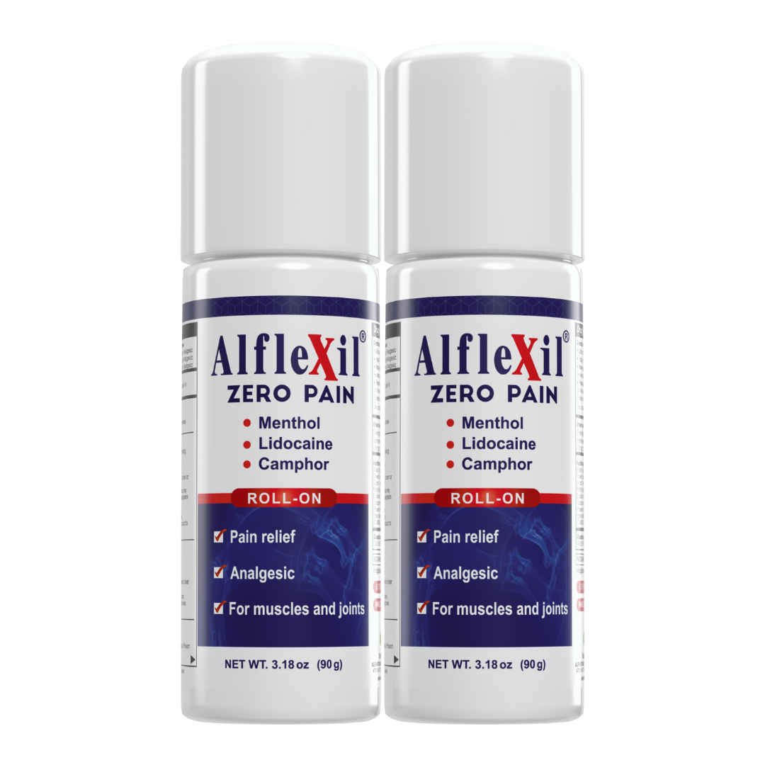 Two bottles of ALFLEXIL Pain Relief Roll-On by Alfa Vitamins, each 3.18 oz, featuring menthol, lidocaine, and camphor for effective analgesic relief on muscles and joints.