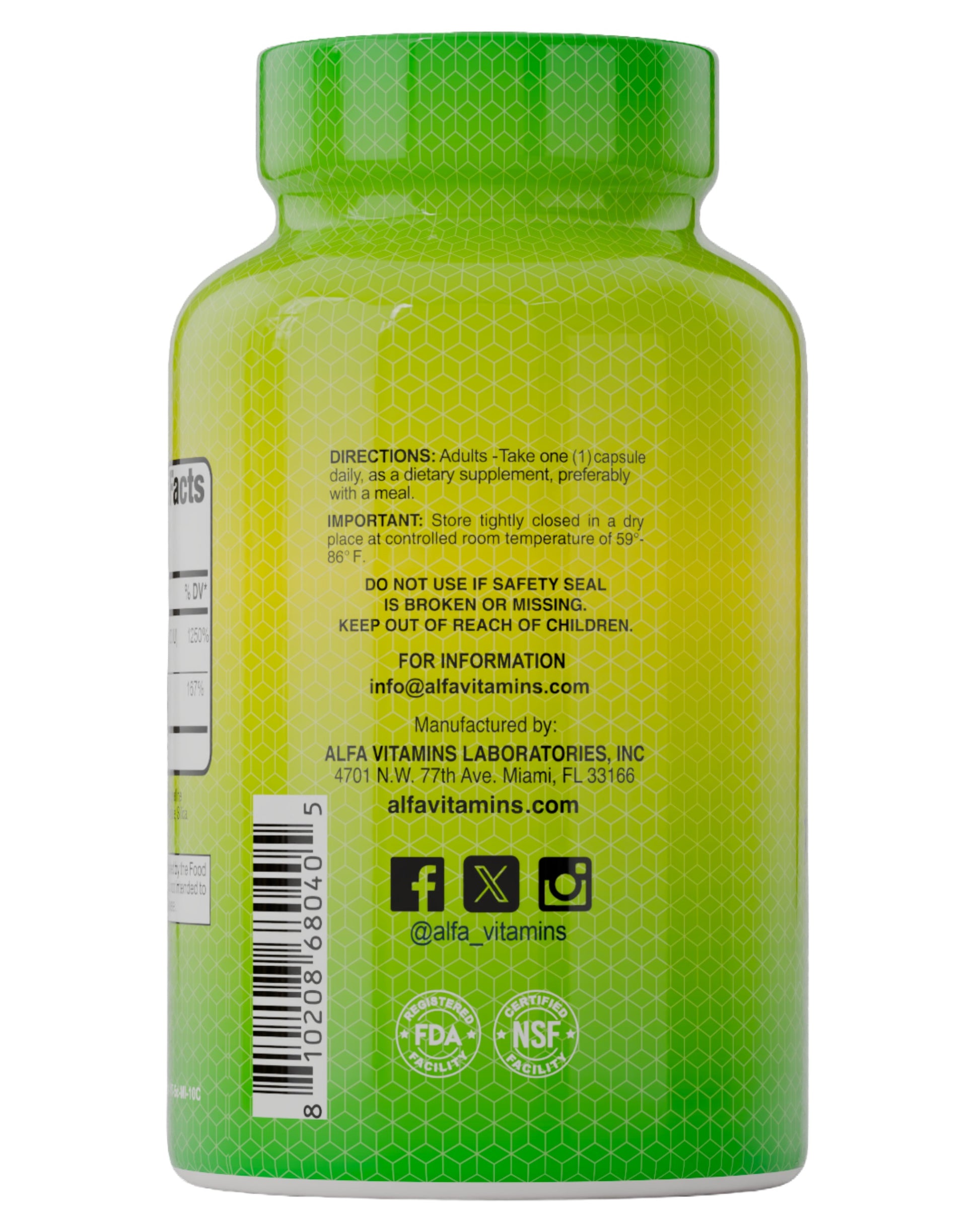 An unopened green and yellow bottle of Alfa Vitamins Store Vitamin D3 + K2 10,000 IU & 200 mcg (60 capsules) with a green cap. The label displays usage directions, manufacturer info, barcode, and certification logos.