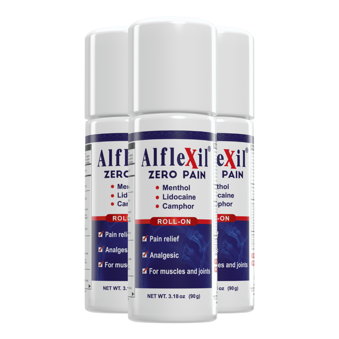 Three bottles of ALFLEXIL Pain Relief Roll-On (3.18 oz each) by Alfa Vitamins contain menthol, lidocaine, and camphor for muscle and joint pain relief.