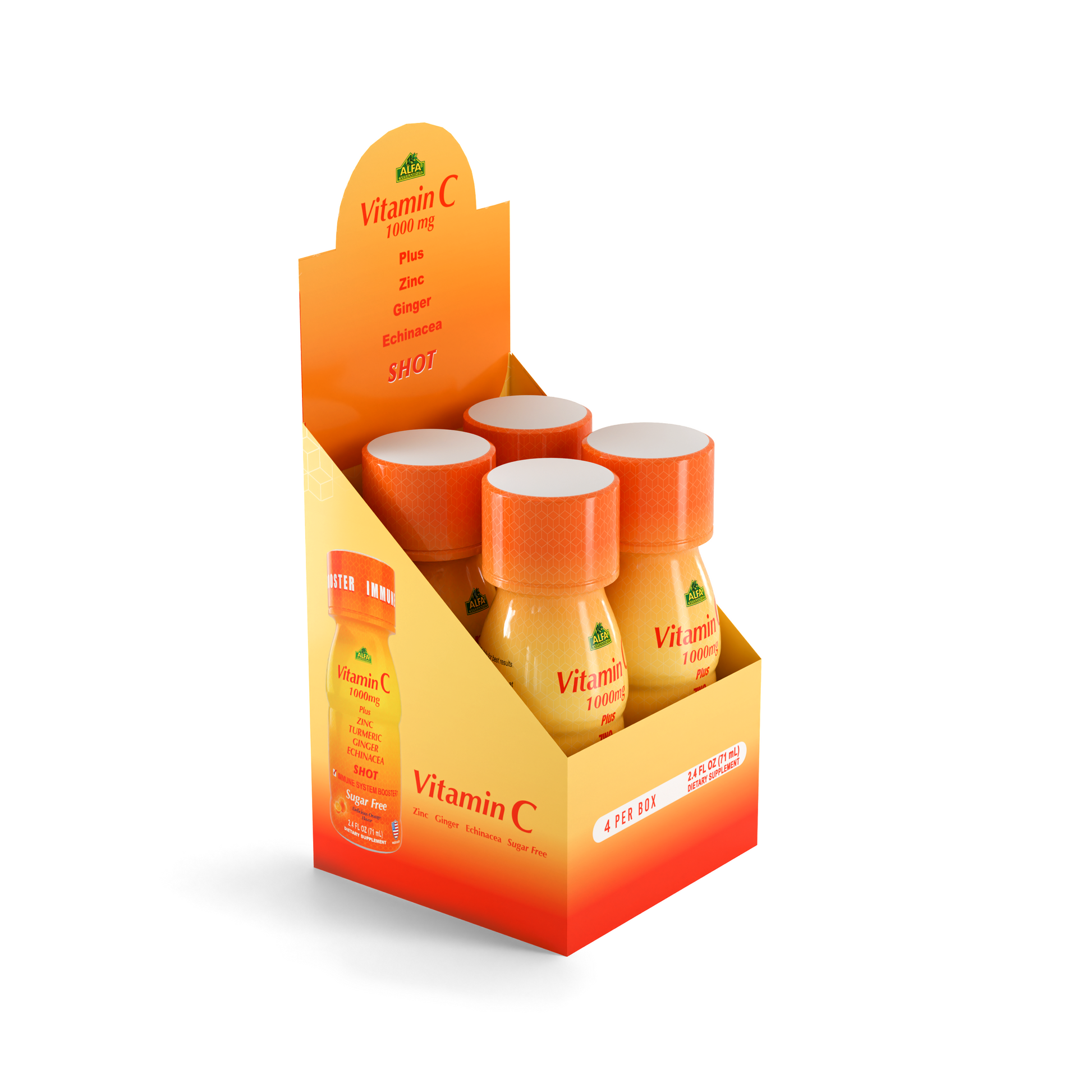 Alfa Vitamins Vitamin C 1000mg Immunity Shot — 4 Box features six orange-capped bottles per box with added nutrients, in vibrant orange and yellow retail packaging designed to support immunity.
