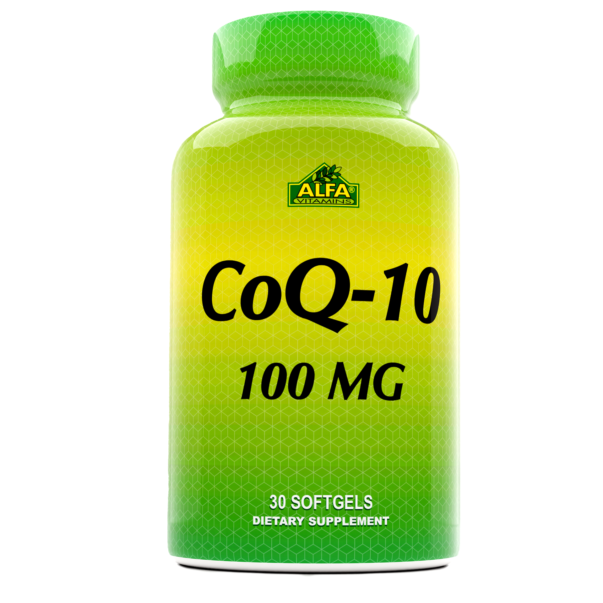 A green Alfa Vitamins Store CoQ-10 supplement bottle contains 30 softgels, each with 100 mg of Coenzyme Q10. The label features a geometric pattern and brand logo.