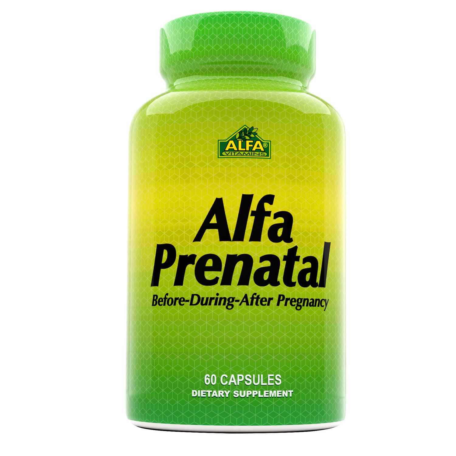 The green bottle of Alfa Vitamins product, Alfa Prenatal - Before & After Pregnancy, contains 60 capsules and is crafted to support maternal health throughout all stages of pregnancy.