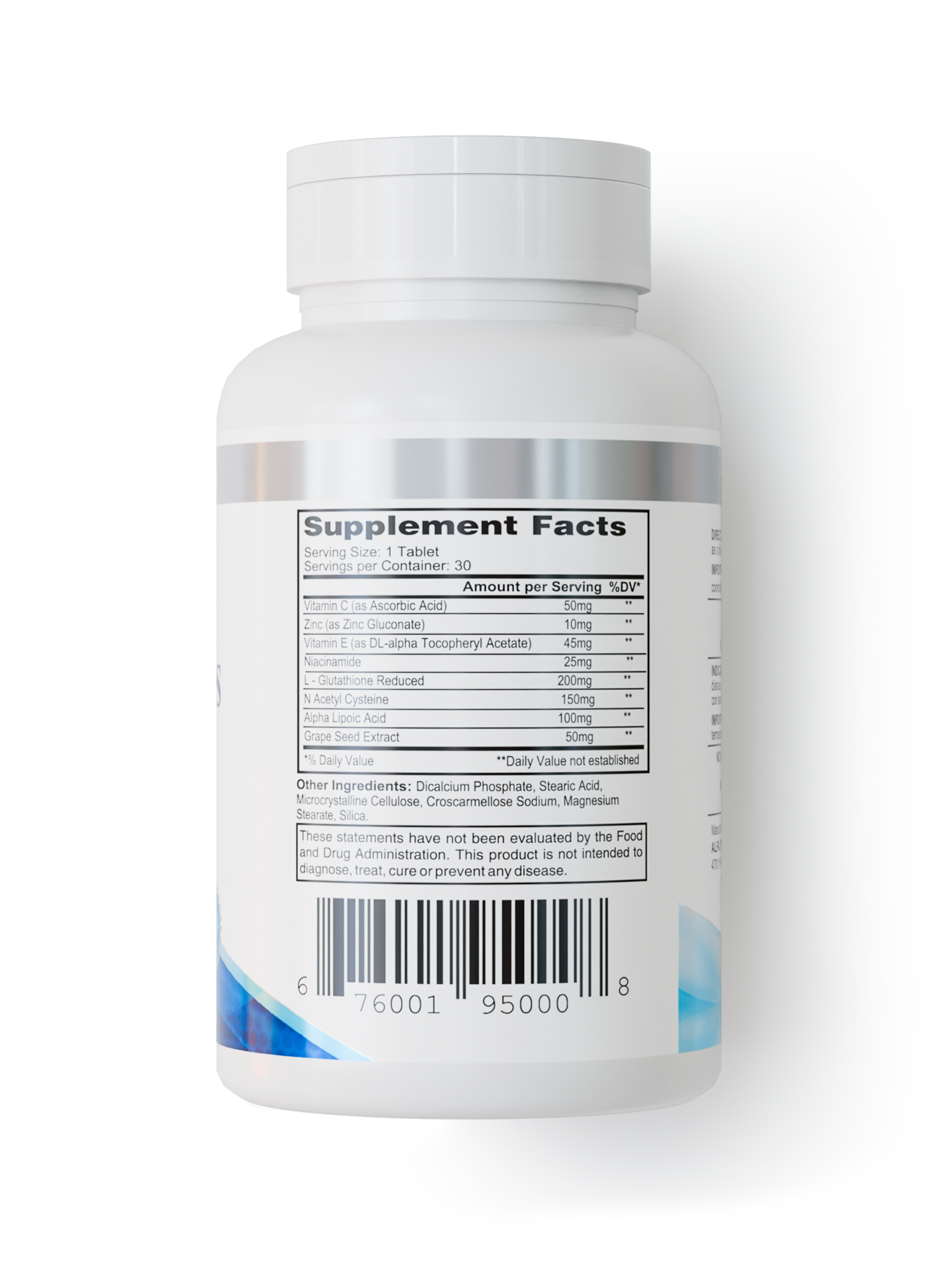 A white bottle labeled "Alfa Vitamins Glutagenes Premix - 30 Tabs" features Supplement Facts, serving size, ingredients, and a barcode. Blue accents decorate the bottom. This cellular health supplement provides glutathione antioxidant support.
