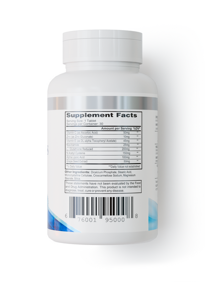 A white bottle labeled "Alfa Vitamins Glutagenes Premix - 30 Tabs" features Supplement Facts, serving size, ingredients, and a barcode. Blue accents decorate the bottom. This cellular health supplement provides glutathione antioxidant support.