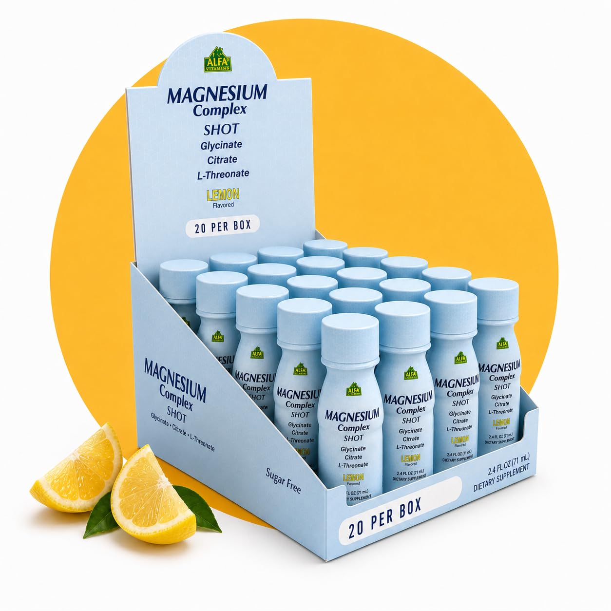 Alfa Vitamins Magnesium Complex Shot Lemon 20-count display with twenty 2.4 fl oz bottles
