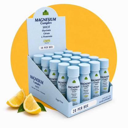 Alfa Vitamins Magnesium Complex Shot Lemon 20-count display with twenty 2.4 fl oz bottles