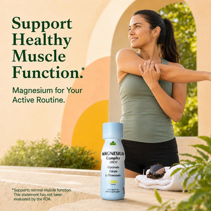 Alfa Vitamins Magnesium Complex Shot Lemon with lifestyle image and normal muscle function statement