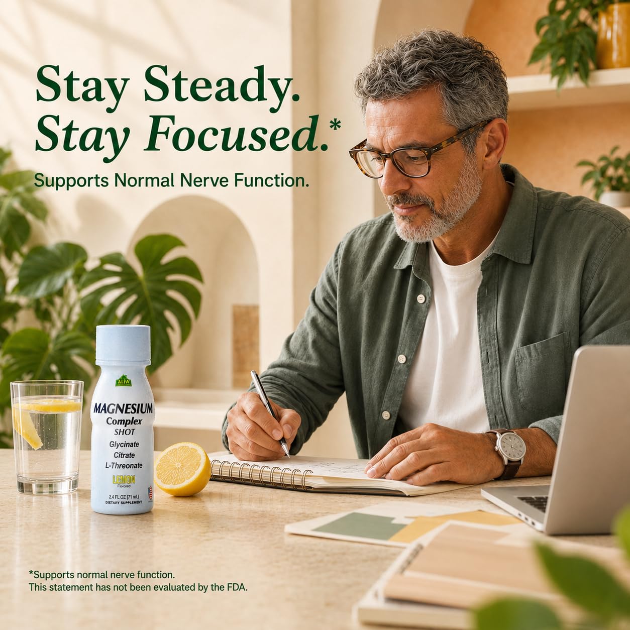 Alfa Vitamins Magnesium Complex Shot Lemon with lifestyle image and normal nerve function statement