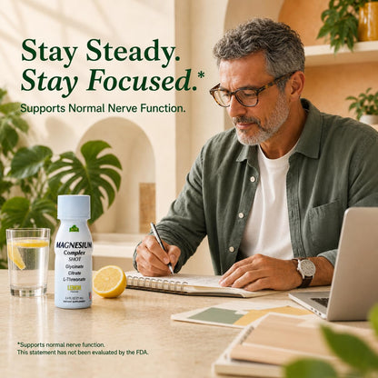 Alfa Vitamins Magnesium Complex Shot Lemon with lifestyle image and normal nerve function statement