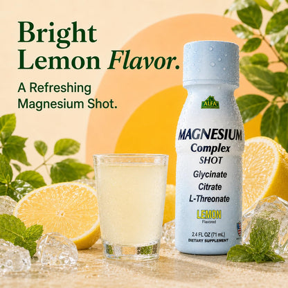Alfa Vitamins Magnesium Complex Shot Lemon bottle with lemon and prepared shot glass