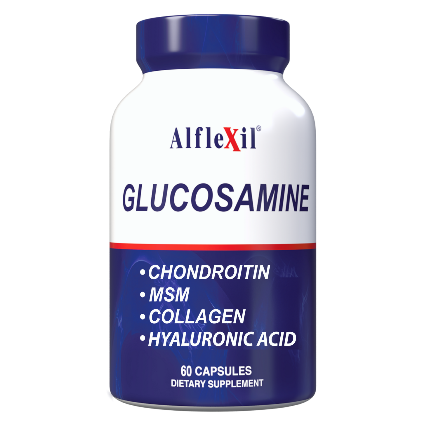 A white bottle labeled Alflexil® - Glucosamine Chondroitin MSM Collagen from Alfa Vitamins Store features a blue and red design, promoting joint support. It highlights ingredients like MSM, collagen, and hyaluronic acid and contains 60 capsules as a dietary supplement.