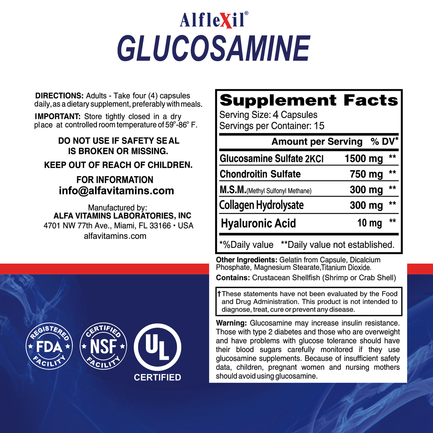 The label for Alflexil® - Glucosamine Chondroitin MSM Collagen by Alfa Vitamins Store offers joint support and includes dosage instructions, supplement facts, ingredients like chondroitin, contact information, and displays FDA, NSF, and UL certifications at the bottom.