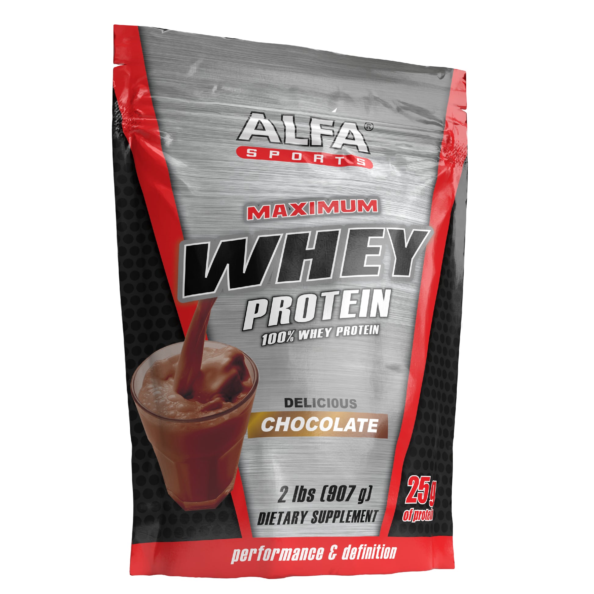 Alfa Vitamins Maximum Whey Protein Powder in rich chocolate flavor is perfect for muscle growth. The red and silver 2 lbs (907 g) bag, featuring a pouring chocolate shake, offers 25g of protein per serving and is labeled as a dietary supplement packed with essential amino acids.