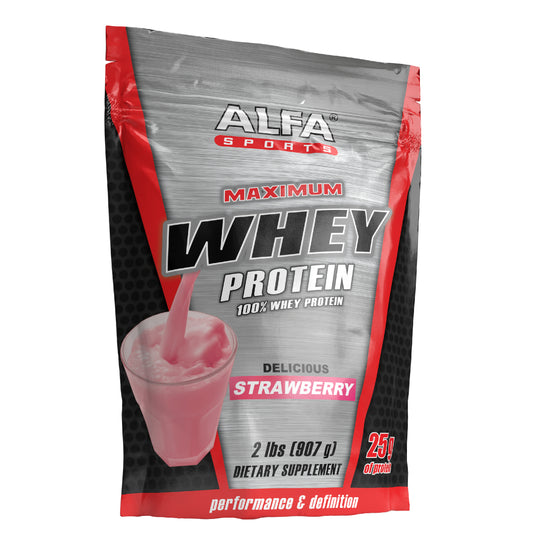 Alfa Vitamins Maximum Whey Protein Powder comes in a 2-pound bag with strawberry flavor, featuring red, silver, and black packaging depicting a pink shake. Each serving delivers 25g of protein and essential amino acids to support muscle growth.