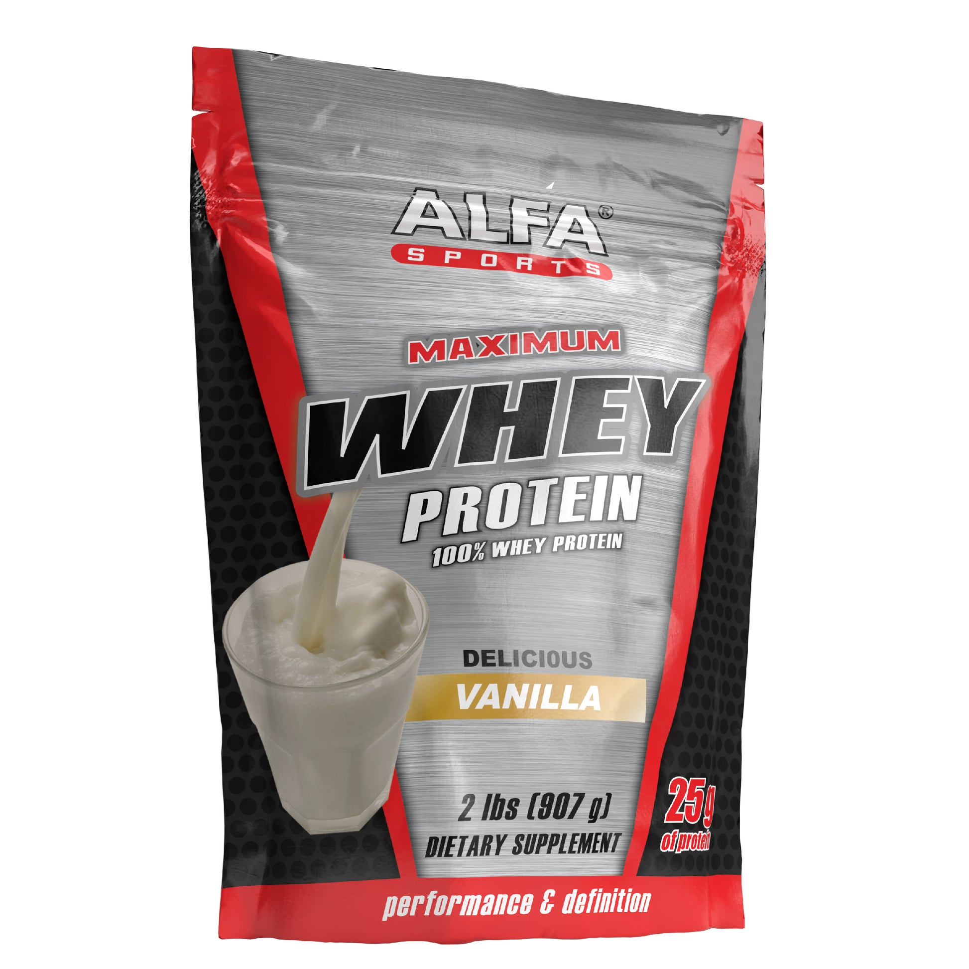 A 2 lbs silver and red Alfa Vitamins Maximum Whey Protein Powder bag showcases 100% Whey in vanilla flavor. Packed with amino acids, it offers 25 servings. A splash of milk enhances the creamy promise of this protein wonder.