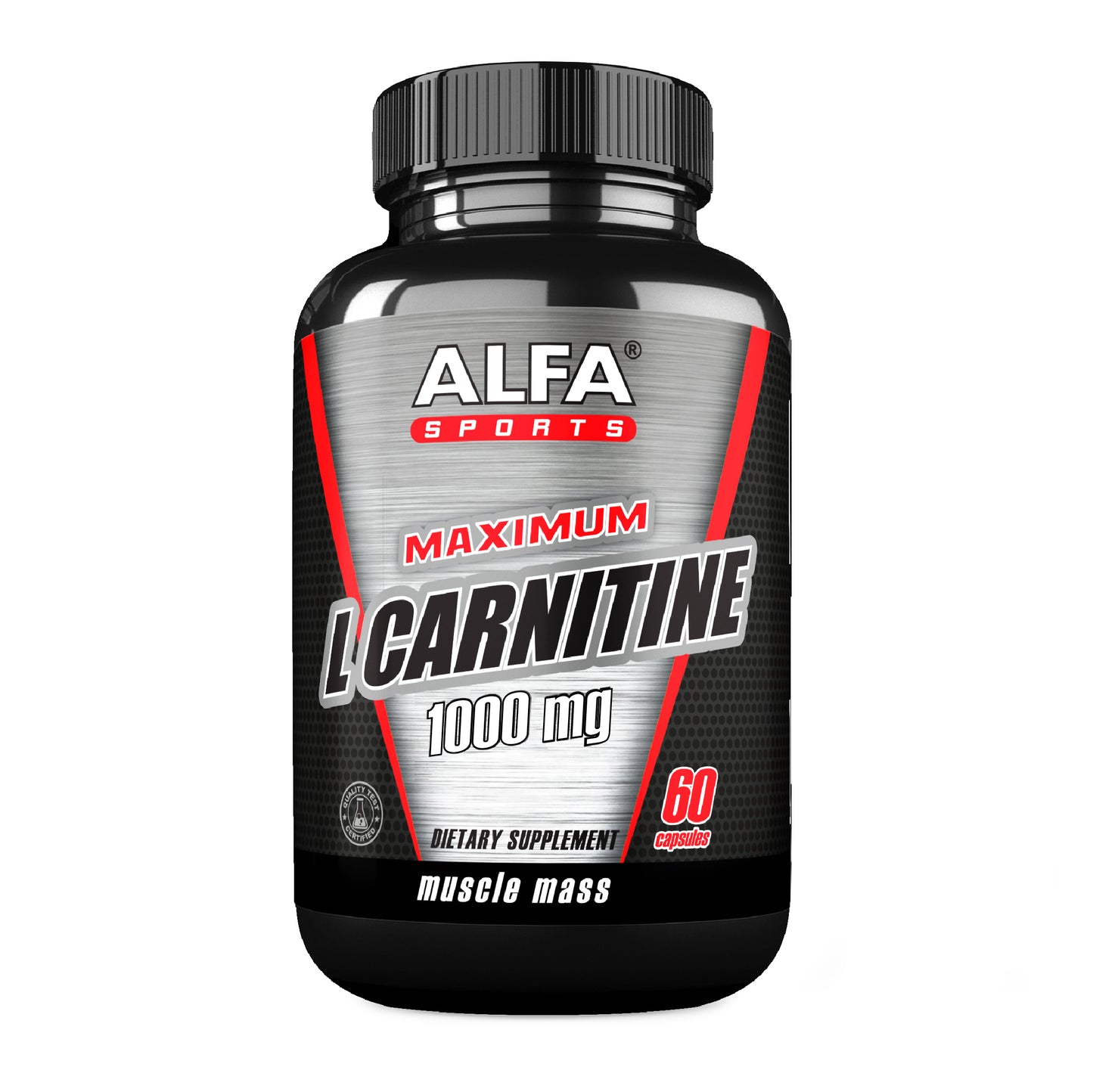 A black bottle of Alfa Vitamins Maximum L-Carnitine offers 60 tablets, each with a potent 1000 mg dose. The striking red and silver label marks it as a premium food supplement designed to enhance muscle mass.