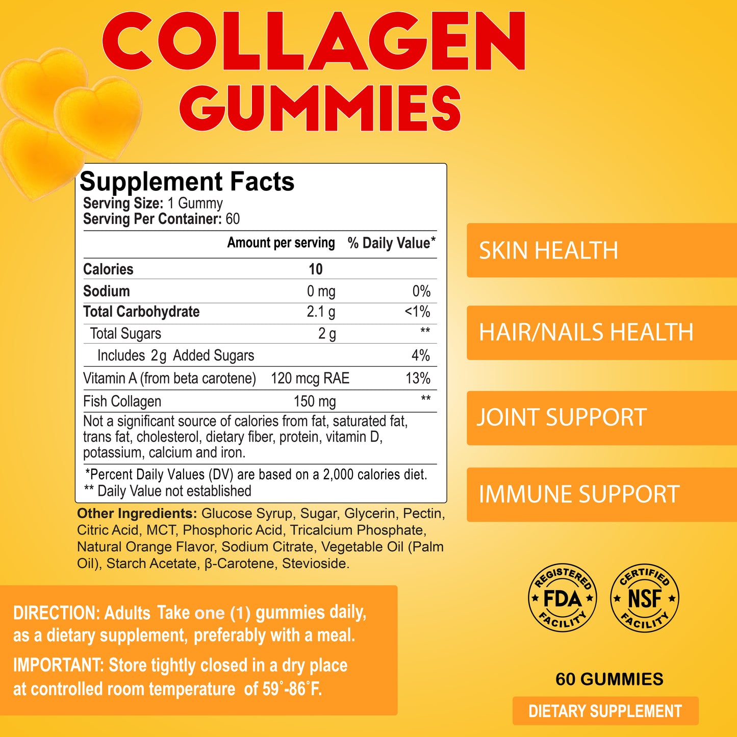 The yellow-packaged Collagen Gummies by Alfa Vitamins Store, featuring red text and Fish Collagen, highlight benefits for skin, hair/nails, joints, and immunity with added Vitamin A. Supplement facts are provided along with directions and certifications. Contains 60 gummies.