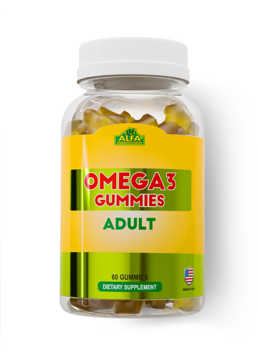 The Omega 3 Adult Gummies from Alfa Vitamins Store focuses on heart health. This dietary supplement comes with a yellow label, marked Made in USA, contains 60 gummies, and is topped with a white cap.