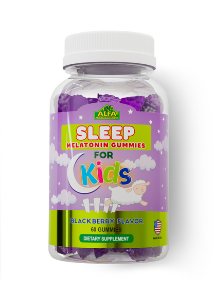 A bottle of Alfa Vitamins KIDS Melatonin Gummies with 2.5MG showcases a purple label with stars and a sleeping sheep. It contains 60 blackberry-flavored gummies, is marked as a dietary supplement, made in the USA, and helps children rest easy.