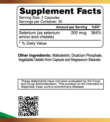 Alfa Vitamins Stores Selenium 200 Mcg supplement, essential for antioxidant and thyroid support, provides 200 mcg per 2-capsule serving (364% DV). The product includes other ingredients, a QR code, and an FDA disclaimer.