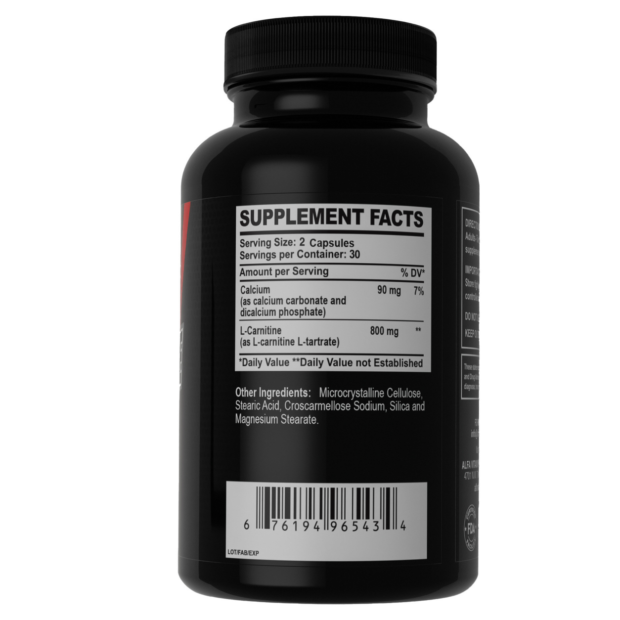 Maximum L-Carnitine Supplement Facts label showing two-capsule serving, 30 servings, calcium, L-carnitine 800 mg, ingredients, and barcode.