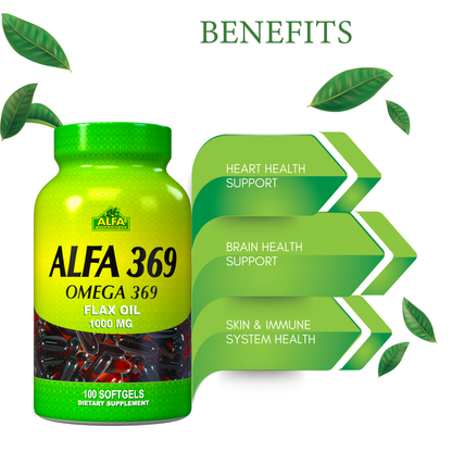 A bottle of Alfa 369 Omega 369 Organic Flax Oil by Alfa Vitamins Store supports heart, brain, skin, and immune health with its Omega-rich formula. It contains 1000 mg in 100 softgels.