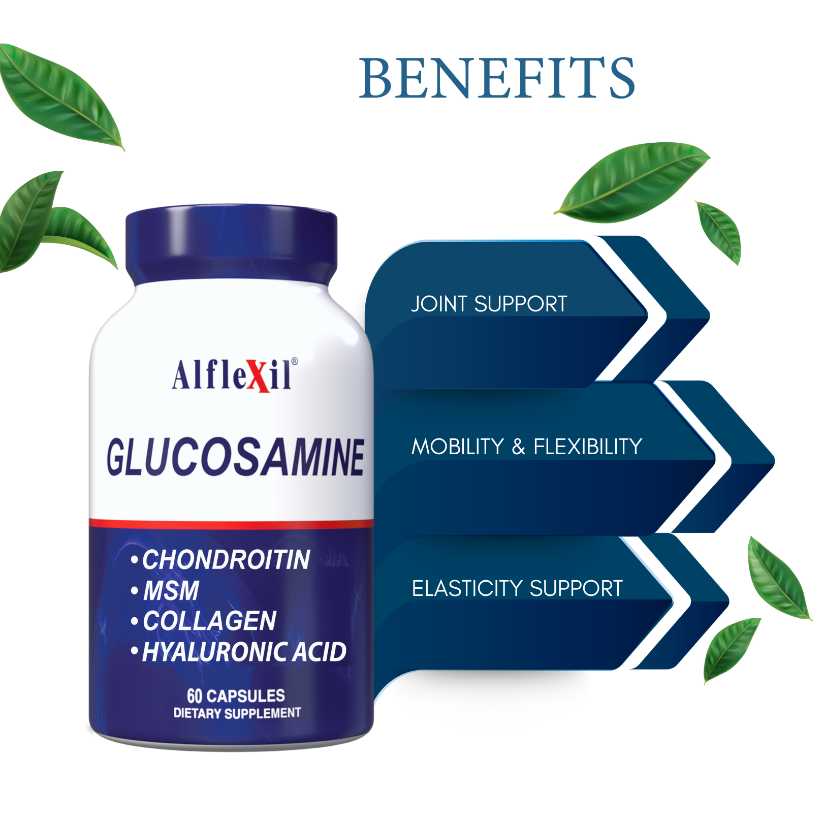 An image of an Alflexil® supplement bottle from Alfa Vitamins Store is highlighted by three arrows illustrating its benefits: joint support, mobility & flexibility, and elasticity support. Green leaves emphasize the natural essence of this Glucosamine Chondroitin MSM Collagen product.