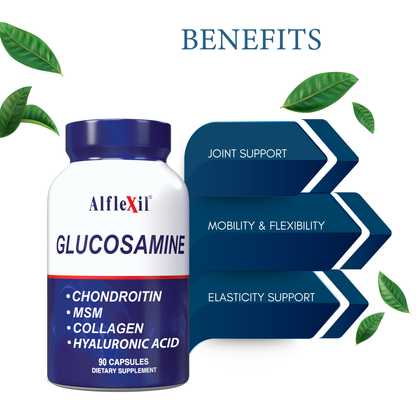 A bottle of Alflexil® by Alfa Vitamins Store, featuring Glucosamine Chondroitin MSM Collagen (90 capsules), is displayed. Blue arrows highlight its benefits: joint support, mobility & flexibility, and elasticity support. Green leaves elegantly adorn the image.