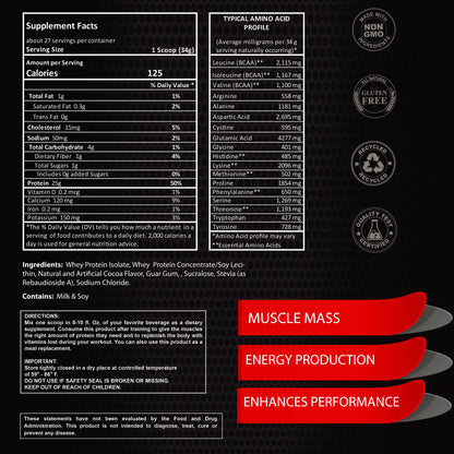 The Maximum Whey Protein Powder by Alfa Vitamins features a nutrition label with a comprehensive amino acid profile. Its non-GMO and gluten-free, promoting muscle growth, energy production, and enhanced performance. Contains milk and soy. Available in a 2-pound chocolate-flavored bag.