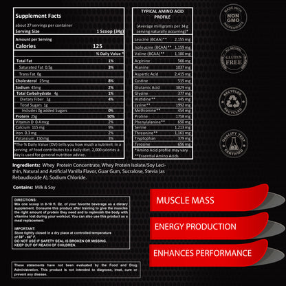 A packaging image of Alfa Vitamins Maximum Whey Protein Powder - 2 Pounds Bag (Vanilla) in black and red, showcasing nutrition facts, amino acid profile, ingredient list, and benefits like Muscle Mass, Energy Production, Enhances Performance, alongside certification logos.