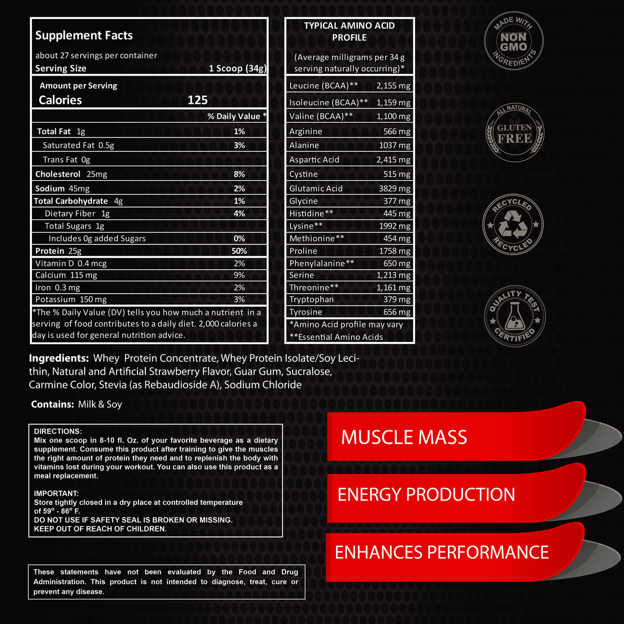 Maximum Whey strawberry Supplement Facts label and amino-acid profile showing one 34 g scoop, about 27 servings, 125 calories, and 25 g protein.
