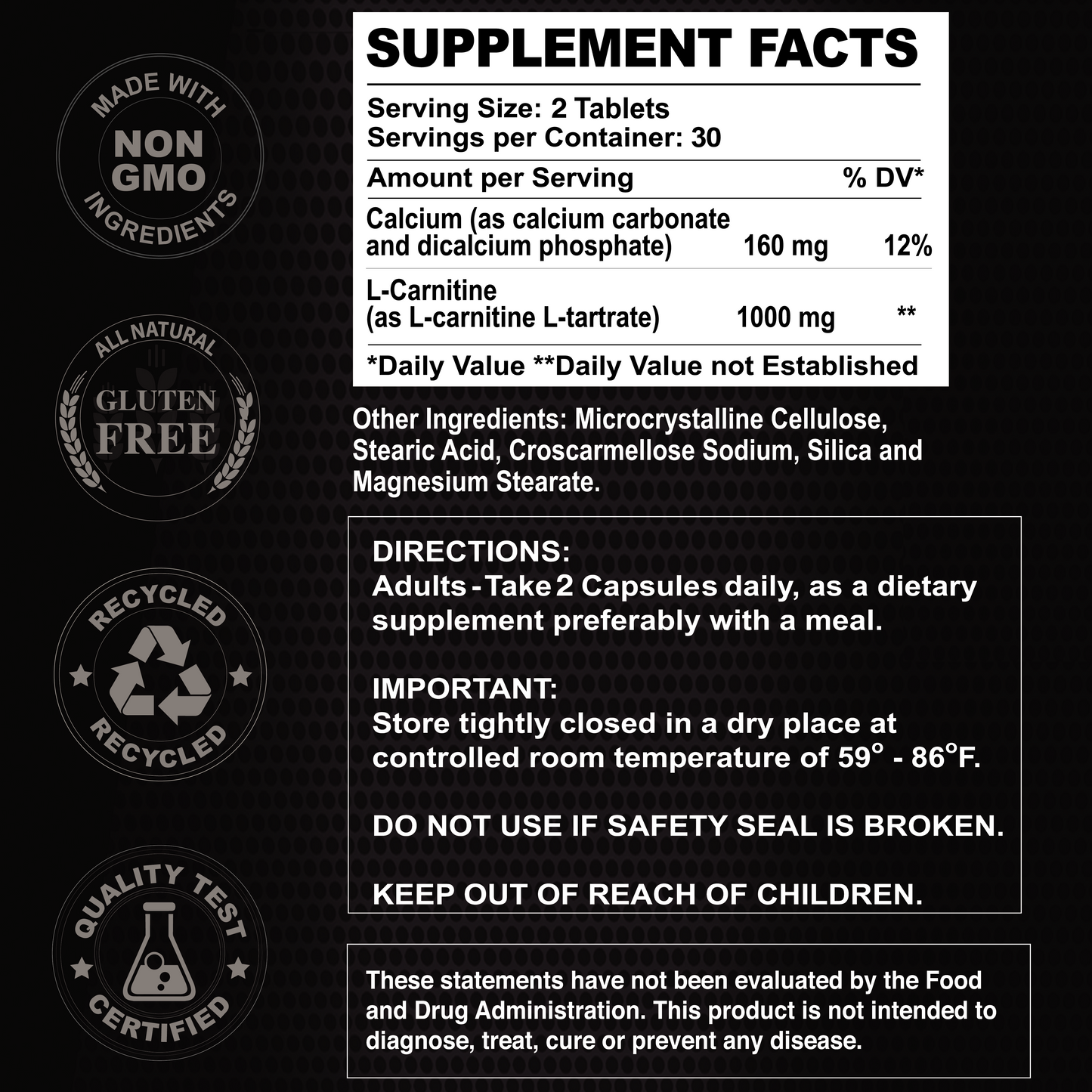 The elegant black label of Alfa Vitamins Maximum L-Carnitine - 60 Tablets highlights its non-GMO, gluten-free, and recycled certifications. It offers supplement facts, NSF assurance, usage directions, storage tips, and safety warnings. Ingredients include a disclaimer about FDA evaluation.