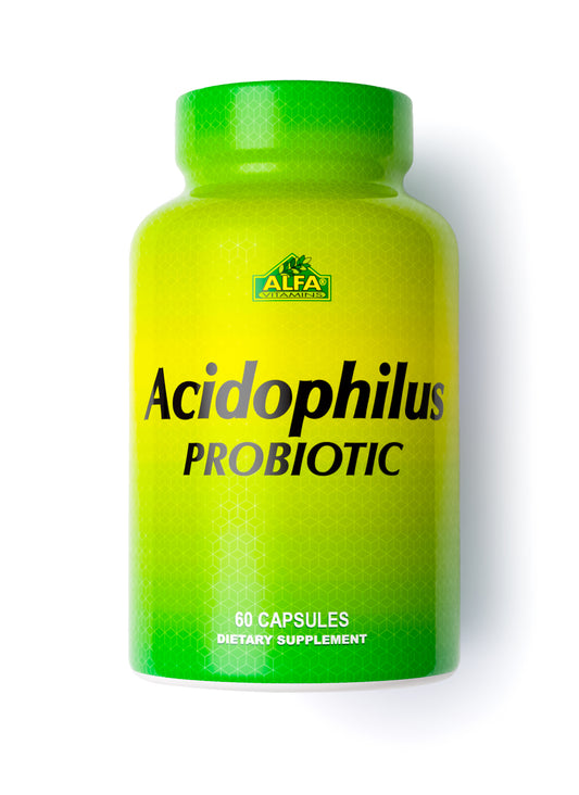 A green and yellow bottle labeled Acidophilus Probiotics features 60 capsules for digestive health support. The Alfa Vitamins brand is prominently at the top, highlighting Lactobacillus Acidophilus inclusion.