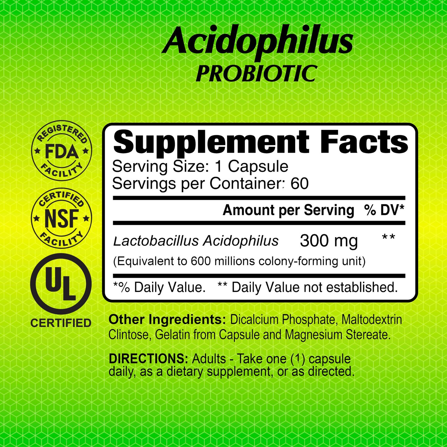 The green label for Alfa Vitamins Acidophilus Probiotics 300 mg highlights its digestive health benefits with certification logos and supplement facts; each capsule contains 300 mg of Lactobacillus acidophilus. Directions: Take one daily, providing 60 servings per container.